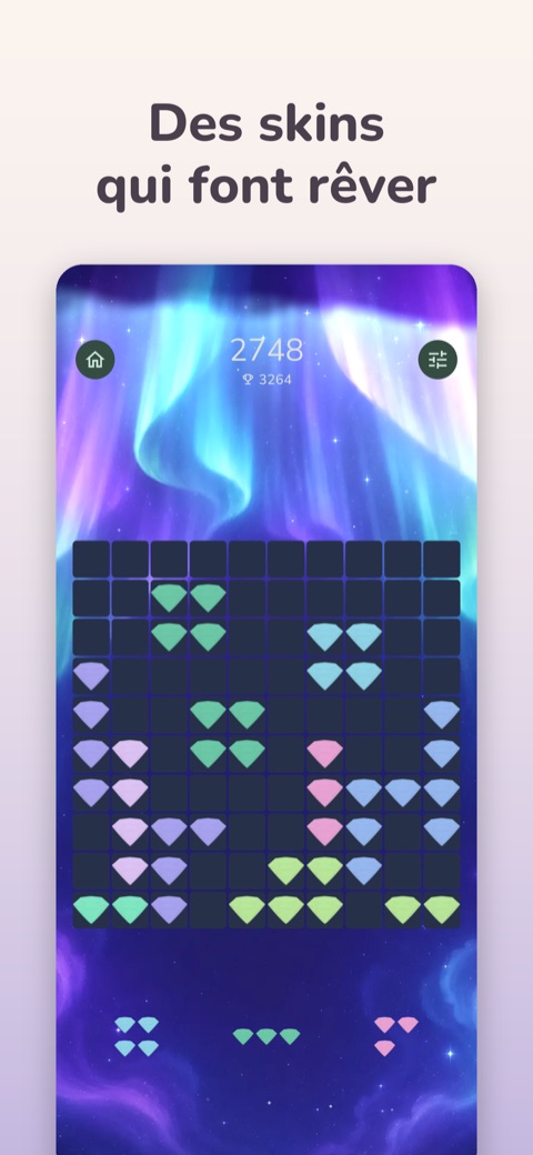 Le jeu avec le skin Aurore : tuiles diamant sous un ciel boréal
